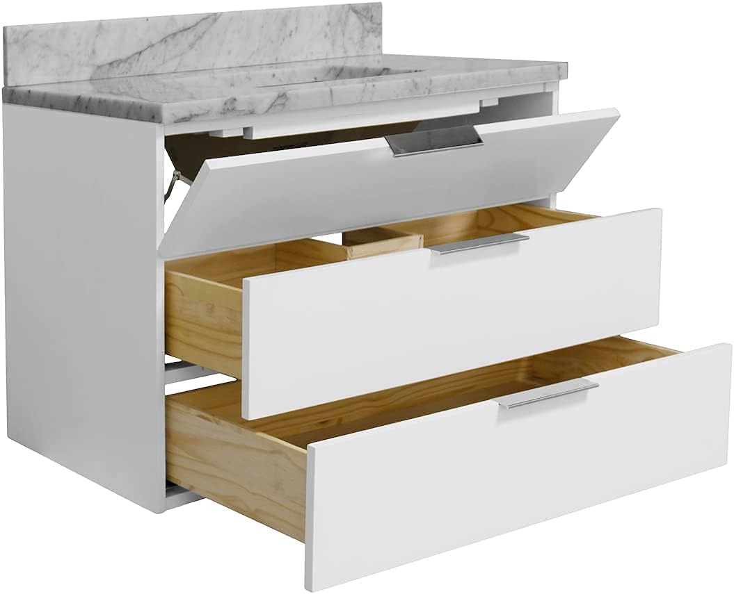 Kitchen Bath Collection Oslo 36-inch Floating Bathroom Vanity (Carrara/White): Includes White Cabinet with Authentic Italian Carrara Marble Countertop and White Ceramic Sink