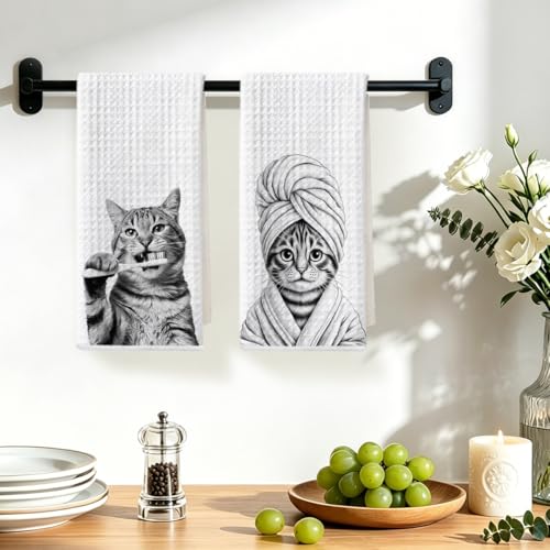 Image of Hanamiya Na 2 Pcs Cute Cat Gifts Hand Towels 24x14 Inch, Funny Cats Gift Reusable Dish Towels for Kitchen Decor, Waffle Weave Absorbent Hand Cloth Tea Towel, Cat Lover Gifts for Women Mom Friend