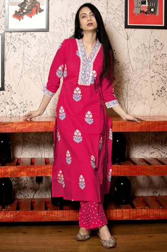 Image of GoSriKi Women's Cotton Blend Straight Hand Block Printed Kurta with Pant & Dupatta | Ethnic Wear for Women | Indian Casual Office Daily Summer Outfit