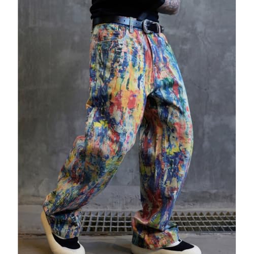 XYGJZ Hip Pop Wide Leg Jeans for Men Artistic Paint Splatter Denim Jeans4