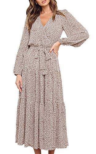 PRETTYGARDEN Womenâ€™s Long Sleeve V Neck Leopard Print Ruffle Maxi Dress Tie Waist Boho Chiffon Flowy Long Dress (Apricot, Large)
