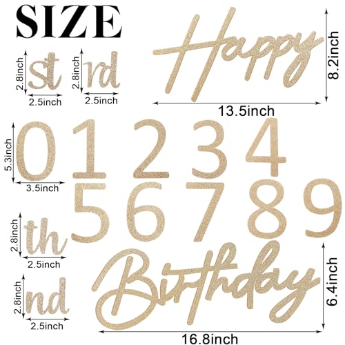 Image of Happy Birthday with 0-9 Numbers Sign for Backdrop - Glitter Felt Custom Age Happy Birthday Decal for Balloon Arch Birthday Decorations Baby Shower - Champagne Gold
