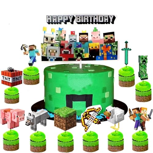 YiMinw 13 Stück Pixel Cake Topper, Miner Game Cupcake Toppers,24 Stück Cupcake Toppers Wrappers,Papier Wrapper, für Geburtstagsfeier Geburtstag Kuchendeko