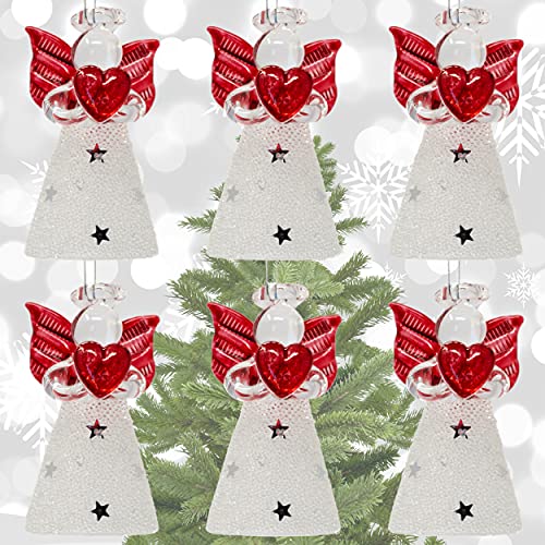 BANBERRY DESIGNS Christmas Angel Ornaments - Set of 6 Glass White Glitter Star Angels with Red Hearts and Wings - Holiday Angel Decorations - 1.75 Inches Tall