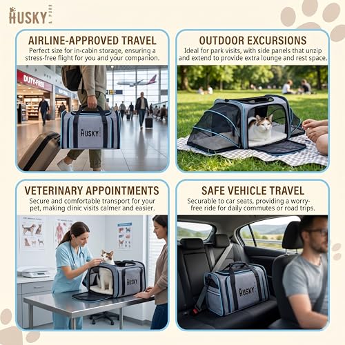 Image of Husky & Purr BreezePod Cat Bag Carrier for Cats & Small Dogs | Airline Approved Expandable Pet Carrier | Breathable Anti-Scratch Cationic Polyester Dog Bag, Up to 9kgs