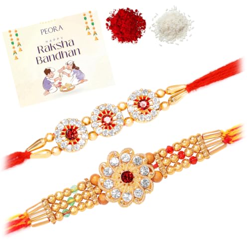 Image of Peora Om Shree Ram Swastik Rakhi for Brother Bhaiya | Crystal & Beads Studded | Red Thread | Raksha Bandhan Hamper with Roli Chawal Greeting Card