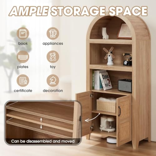 HABUTWAY 71'' Arched Storage Cabinet with Door, Tall Bookshelf with Adjustable Shelf, Modern Farmhouse Wooden Bookcase Kitchen Pantry Cabinet for Living Room, Natural (Natural Rattan) — view 3
