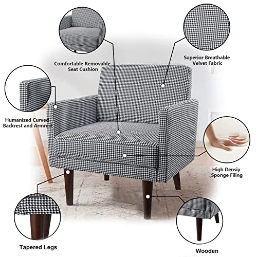 Fabric Accent Chair, Upholstered Living Room Chairs With High-Density Foam Cushion Armchair Comfy Mid Century Modern Single Sofa Chair With Solid Wood Legs Houndstooth Chair For Living Room, Bedroom #TOP4