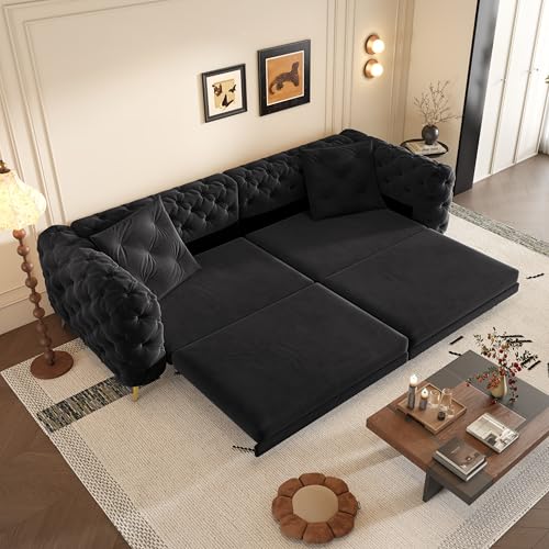 Image of KEIKI 97.7 inch Convertible Sleeper Sofa Bed, 3 in 1 Pull Out Sofa Bed, 4-Seater Button Tufted Couch with Movable Ottoman for Living Room, Bedroom, Apartment, Black