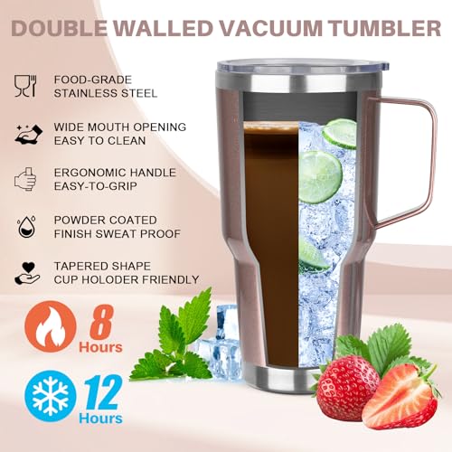 Image of 30 oz Tumbler with Handle, Stainless Steel Insulated Tumbler with Lid and Straw, Double Wall Vacuum Insulated Coffee Mug Tumbler, Insulated Coffee Thermal Cup for Cold and Hot (Rose gold)