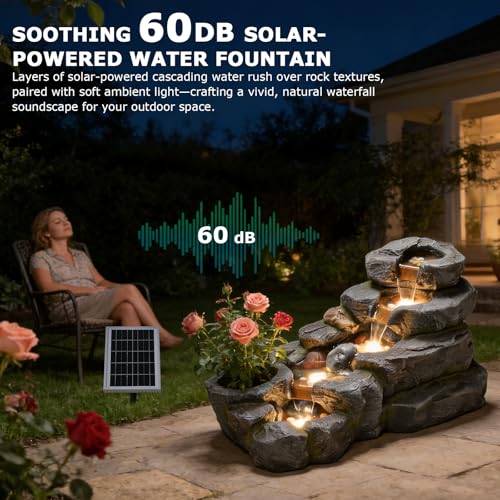 Image of 5-Tier Solar Water Fountain Outdoor Rock Waterfall Fountains