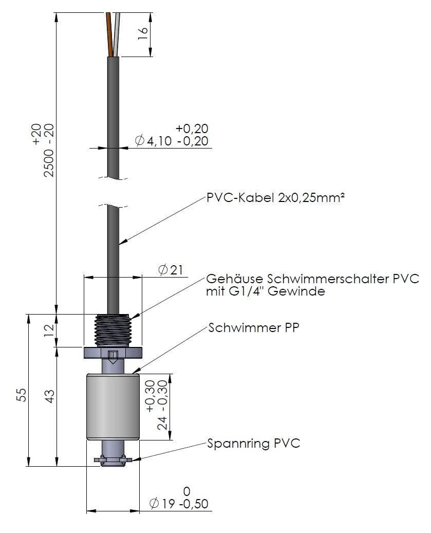 Schwimmerschalter/Wasserstandssensor zur Füllstandsüberwachung, Gewindegrößen PG7; G1/4"; G1/8"; mit 2,5m PVC-Kabel, umkehrbare Schaltfunktion NC/NO