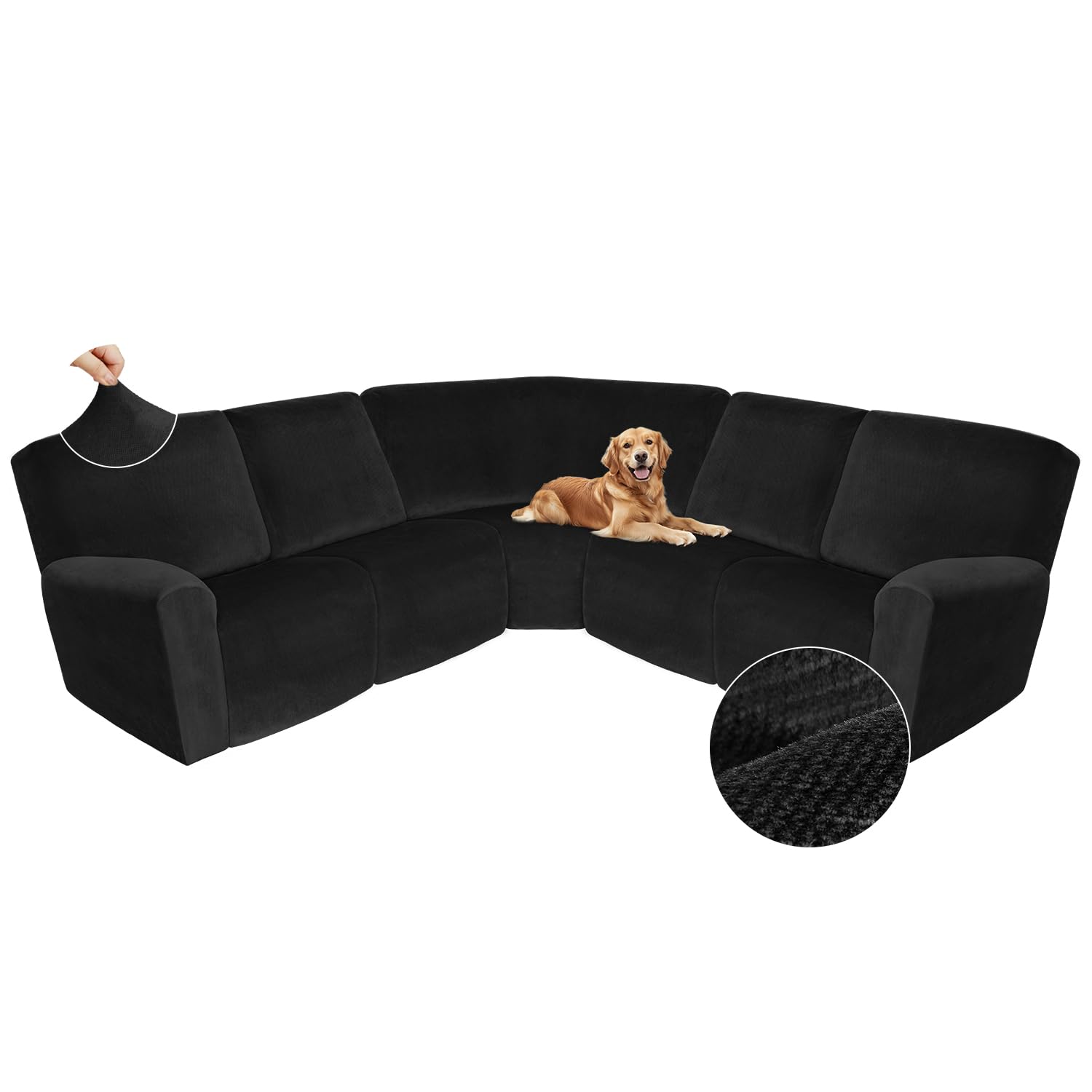 Arfntevss Sectional Recliner Couch Covers Velvet Corner Sectional Sofa Cover for Reclining Couch Stretch Soft L Shape Recliner Slipcover U Shaped Washable Protector (XL 5 Seat Cover, Black)
