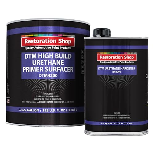 Restoration Shop 1.25 Gallon 2K High Build Primer Automotive Paint Kit - 1 Gal. Gray Urethane Primer Surfacer, 1 Qt Hardener, 4:1 Mix Ratio - Professional Auto Car Refinish Coating - Auto Body Repair