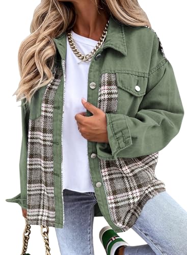 SHEWIN Womens Oversized Denim Jacket Casual Long Sleeve Button Down Plaid Shacket Boyfriend Jean Jacket With Pockets