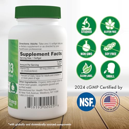 Image of Health Thru Nutrition Vitamin D3 2000iu 365 Mini Softgels for Maximum Benefits | Year Supply | 50mcg Cholecalciferol | 3rd Party Tested | Non-GMO USP Grade in EVOO | Immune Health Support