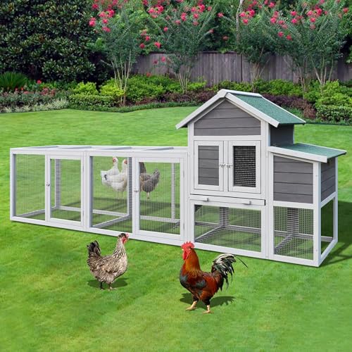 YOPTO 122\" Large Chicken Coop with Run,Outdoor Chicken Run W/Nesting Box & Perch,Wooden Hen House W/Ramp & Sliding Trays,Waterproof Poultry Cage W/Sloped Asphalt Roof,for 3-4 Chickens,Gray
