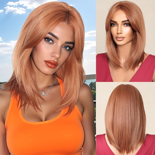 Allbell Kurze Oranger-Perücke für Damen, Bob-Perücke mit Vorhang, Pony, schulterlang, hitzebeständige Faser, Kunsthaar, Cosplay-Perücke, natürliches Aussehen, 35,6 cm