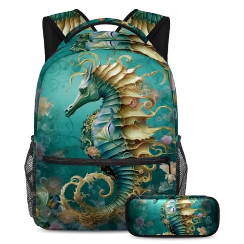 Cartables grande capacité Blue Ocean Seahorse Floral avec trousse ado