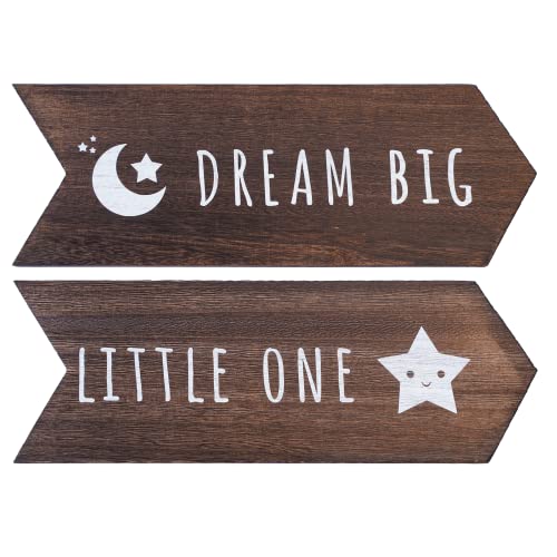 Image of Dream Big Little One Sign -2 Pcs Nursery Wall Decor, Moon and Star Gender Neutral Nursery Decor, Rustic Wooden Arrow Playroom Art, Boy Girl Toddler Woodland Wall Decoration, 14 x 5 in, Brown