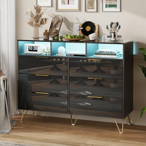 Image of Furnivado Dresser for Bedroom, High Gloss 6 Drawer Dresser with Led Lights, Modern Black Dressers with 3 Open Shelves, Wood Wide Chest of Drawers Storage Organizer, Black Dressers with Led Lights