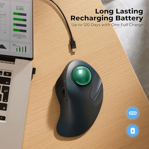 Image of Ergonomic Wireless Trackball Mouse for Wrist Comfort, Bluetooth & USB Receiver, Rechargeable Rollerball Mouse with 44mm Index Finger Trackball, 5 DPI Levels, Multi-Device for PC, Mac, Laptop