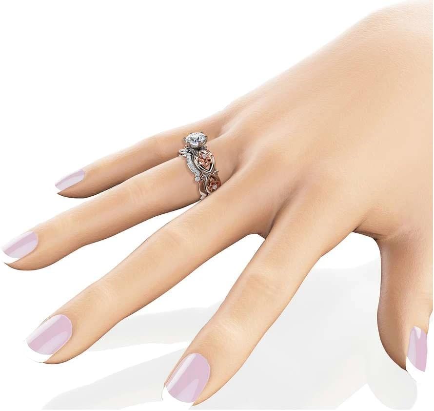 Vintage 2.2 Ct Round Cut White Signity Diamond Solitaire Flower Design Twisted Band Bridal Wedding Ring Set for Women in 925 Sterling Silver Two Tone Gold Finish