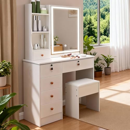 Catálogo de Juegos de tocador - 5 favoritos. 50 TRIUMPHKEY Tocador Vanity con Espejo Luz LED Mueble para Maquillaje Vintage con Espejo Movible Escritorio con 6 Cajones y Estantes De Almacenaje con Heces para Recamara 80x38x128CM...