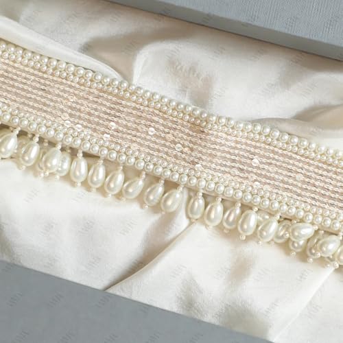 Fashions White Pearl Kamarband Maggam Work Cloth Waist Hip Belt Streachable Kamarpatta Lehenga Sontada Belt Aari Work Saree Kamarbandh Vaddanam For Wedding (Medium, White)4