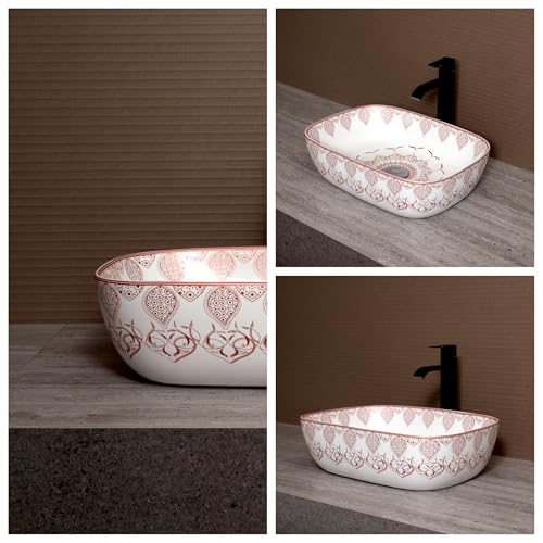 Image of Archstone Wash Basin for Bathroom -1 Year warranty - Tabletop Washbasin - Ceramic Glossy Rectangle Designer Moroccan Countertop Vessel Sink, Dining Hall & Vanity 33x45x14.5 cm (Copper Moroccan)