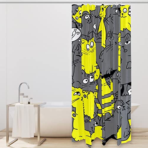 Rideau de douche chat anti moisissure jaune gris avec crochets robustes