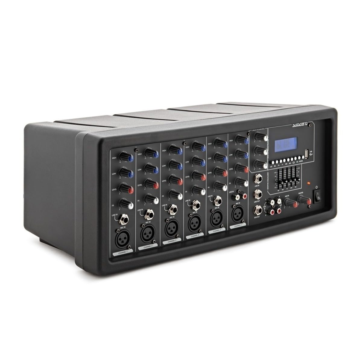 SubZero Mezclador autoamplificado con reproductor multimedia digital | Seis canales con entradas XLR y jack, reproductor MP3 integrado con Bluetooth, 200W RMS/250W pico