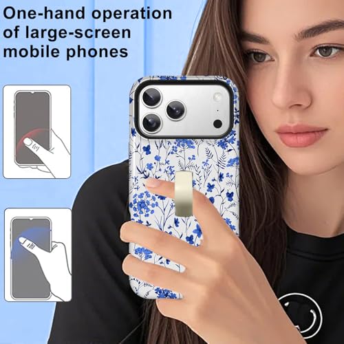 Image of Magnetic for iPhone 17 Pro Max Case with Finger Strap Kickstand [Compatible with Magsafe] Cute Floral Flower Pattern Design, Dual-Layer Shockproof Protective Cover for Women Men, Blue