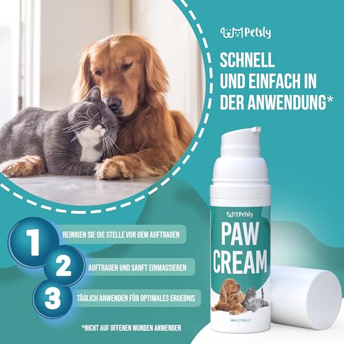 Petsly Pfotenbalsam Hund - heilt, repariert und regeneriert trockene, rissige & beschädigte Pfote - Pfotenbalsam Katze, Pfotenpflege Hund, Hundepfoten Balsam, Pfotenschutz Hund Sommer & Winter, 50 ml