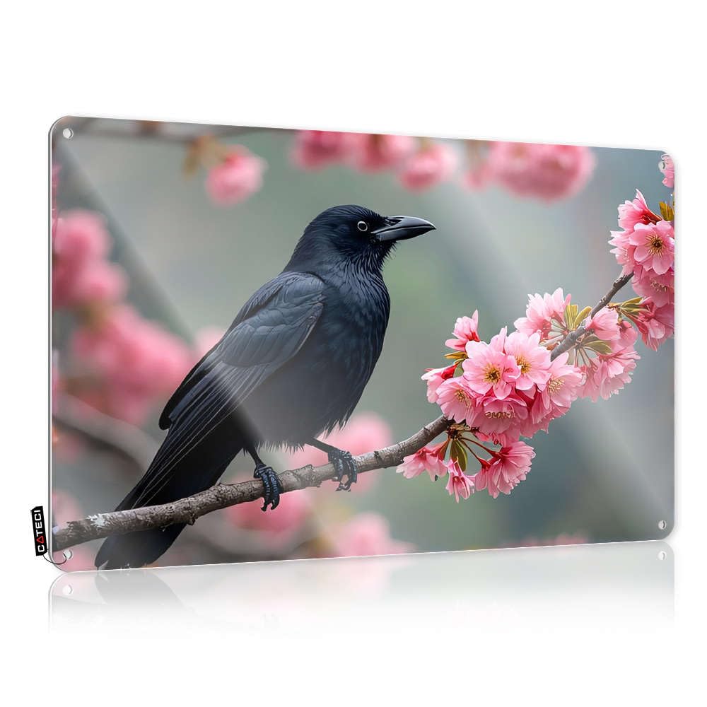 Fzfn Colour Retro Tin Sign, Books Nice A Black Bird Perches On A Branch Adorned With Pink Blossoms | Farmhouse Barn Decor(30X40cm)