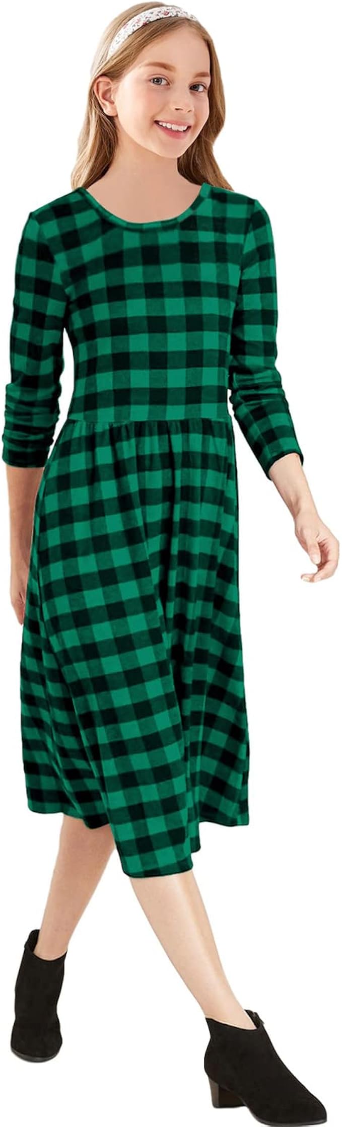 KYMIDY Girls Buffalo Check Plaid Dress Kids Long Sleeve Casual Midi Dresses with Pockets for Girls 6-14 Years