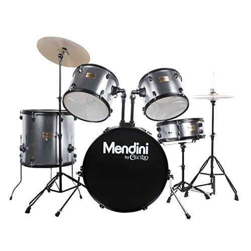 Mendini by Cecilio Complete Full Size 5-Piece Adult Drum Set w/Cymbals Pedal Throne Sticks, Metallic Silver MDS80-SR