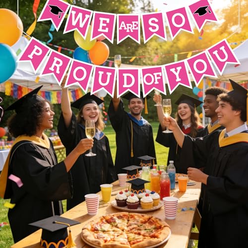 Image of Hot Pink We Are So Proud Of You Banner Congrats Grad Cap Bunting Flag Grad Party Decoration Idea