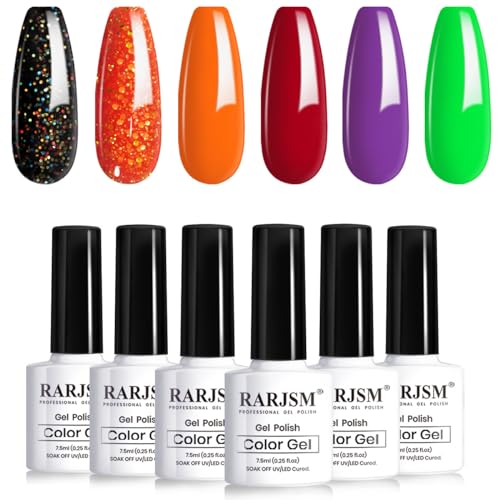 RARJSM Gel Nail Polish Set 6 Colors Black Iridescent Glitter Pumpkin Orange Red Purple Neon Green Autumn Winter Halloween Gel Polish Kit Soak off Salon DIY Home Nail Art Manicure 7.5ML