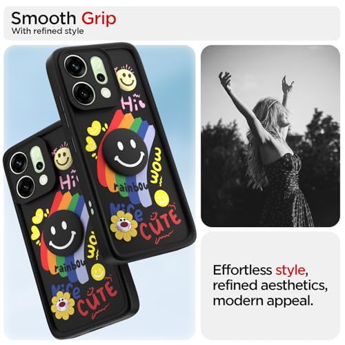 Image of Pikkme Back Cover for Oppo Reno 14 5G | Soft Silicone| Cute Rainbow Smile & 3D Cartoon Flower Design | Shockproof Raised Camera Protection Bumper Case (Black)