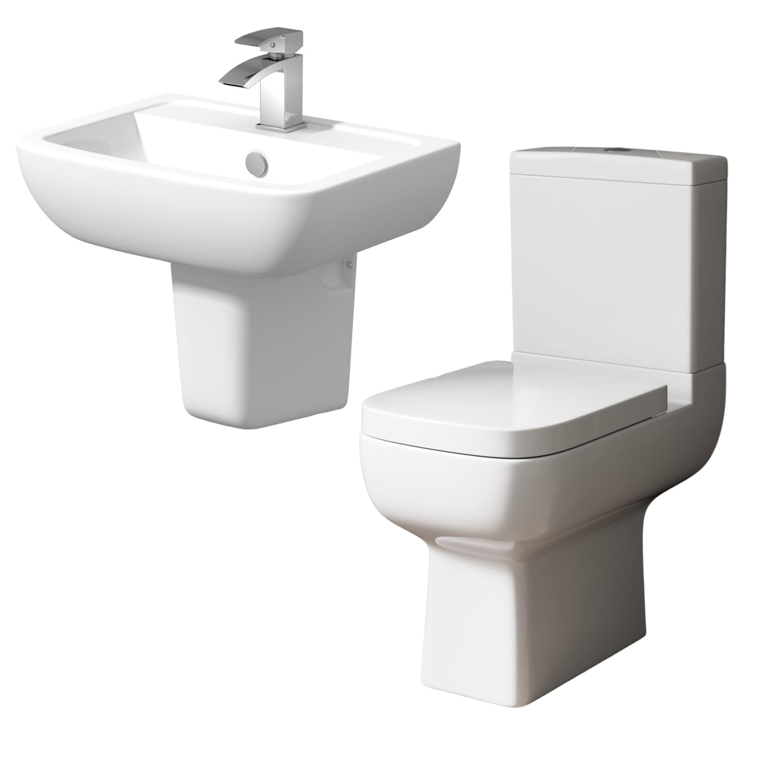 Affine® Amelie Cloakroom Bathroom Suite Close Coupled Toilet WC Dual Flush Cistern Basin Semi Pedestal Soft Close Freestanding Modern White Gloss