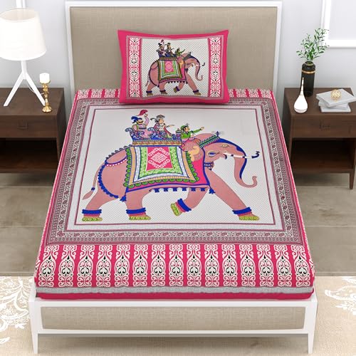 Image of Premium Rajasthani Jaipuri Traditional Sanganeri Elephant Print 144 TC 100% Pure Cotton Single Size Bedsheet with one Pillow Covers