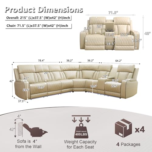 Image of Power Recliner Sectional Sofa Set with LED, Luxury Breathing Leather Sectional Reclining Corner Couch Set, L-Shaped Sofa Couch Set with Cup Holders /Storage for Living Room