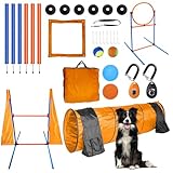 Dog Agility Training Equipment Set Outdoor Indoor Game, Tire Jump + Hurdle Jump, Tunnel, Weave Poles, Pause, 2 Toy Balls, 2 Discs, 1 Whistle, 1 Bag, 2 Training Clicker Backyard Dog Obstacle Course Kit