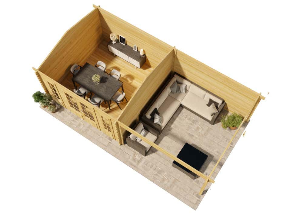 Alpholz Gartenhaus Freiburg-44 aus imprägniertem (Pinie) Holz 755 x 399 cm mit 44 mm Wandstärke, Terrasse und Doppeltür