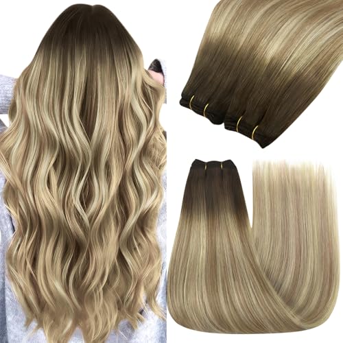Image of YoungSee Human Hair Weft Extensions Ombre Sew in Extensions Balayage Weft Hair Extensions Human Hair Walnut Brown Ombre Light Brown with Blonde Balayage Hair Wefts Remy Hair 20 Inch 100g
