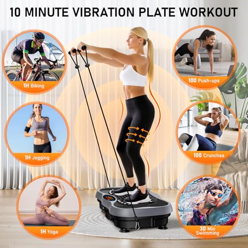 Image of Vibration Plate Exercise Machine, 130 Levels Full Body Workout Vibrating Plate for Lymphatic Drainage Weight Loss, 450 Lbs Capacity Shake Platform with Resistance Bands Bluetooth for Women Men