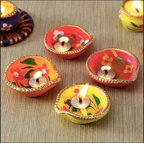 Image of STLYZ Colourful Handmade Diyas for Diwali Hand Painted Decorative Clay Mitti Diya Deepak Lanterns for Diwali Decoration (Pack of 11)