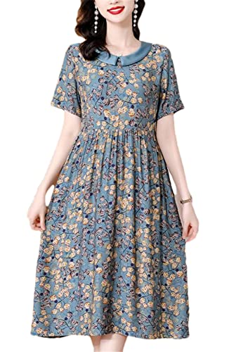 Robe midi d'été en soie bleue XL, coupe fluide florale pour femme