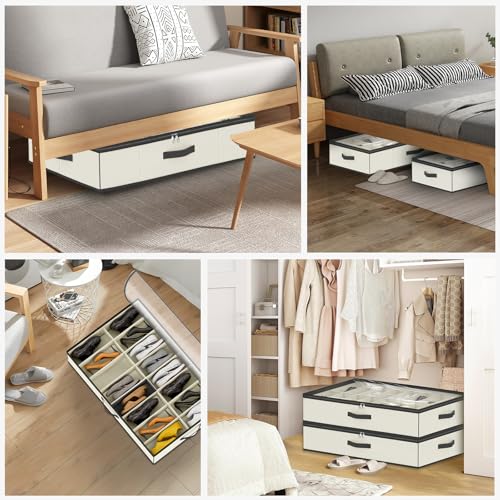 Image of homyfort 32 Pairs Shoe Organizer Under Bed, Sturdy Underbed Shoe Storage Boxes Bins, Organizador De Zapatos, Extra Large Zapateras Organizer, Beige, Set of 2